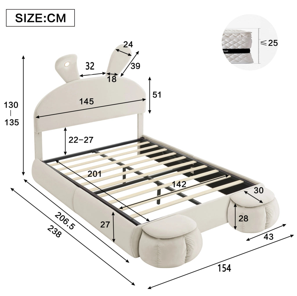 Letto imbottito con LED e contenitore beige 140x200 cm