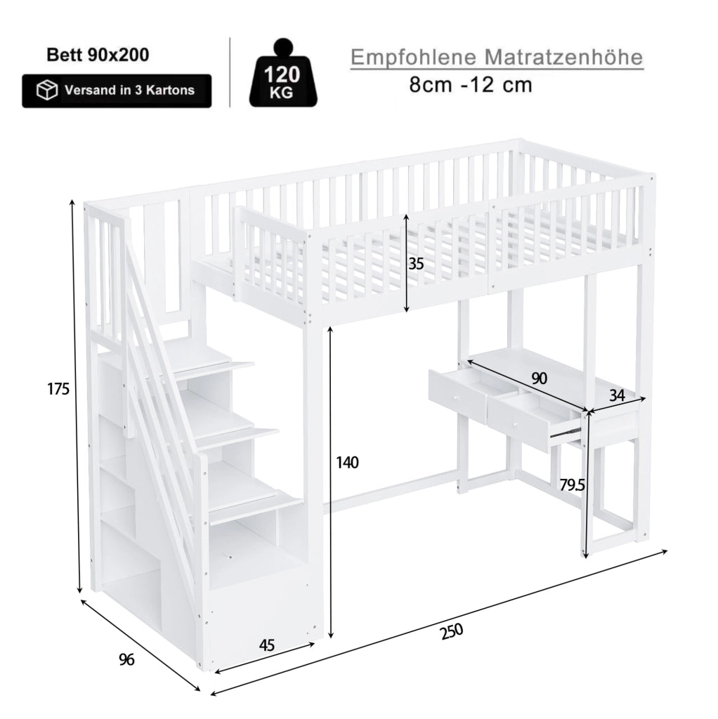 Letto a soppalco 90x200 cm bianco con scrivania multifunzione e scala contenitore
