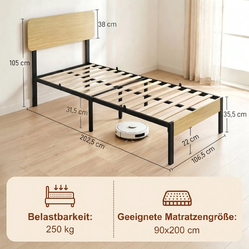 LETTO 90x200 cm con testiera in metallo e legno naturale, stile moderno