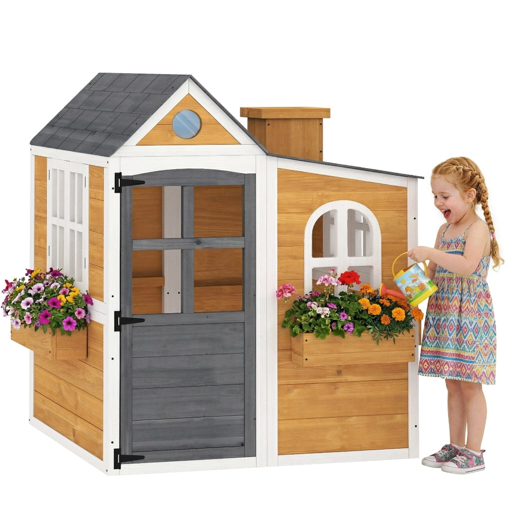 Casetta per bambini in legno per esterno ¨C zephmum ¨C con porta, finestre e 3 vasi, gialla