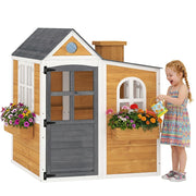 Casetta per bambini in legno per esterno ¨C zephmum ¨C con porta, finestre e 3 vasi, gialla