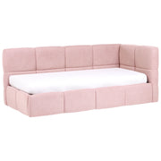 Divano letto imbottita in tessuto rosa lato destro 90x200 cm con pouf contenitore a forma di L