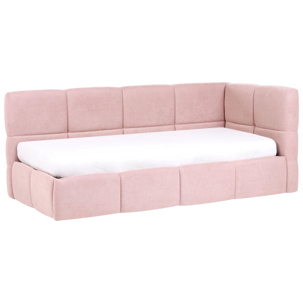 Divano letto imbottita in tessuto rosa lato destro 90x200 cm con pouf contenitore a forma di L