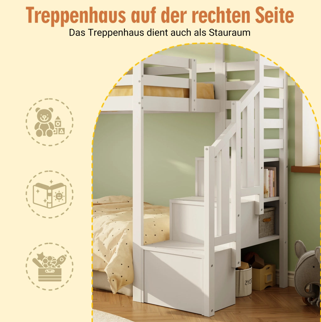 Letto a castello per bambini 90x200 cm con scala contenitore; finestra e struttura in pino bianco