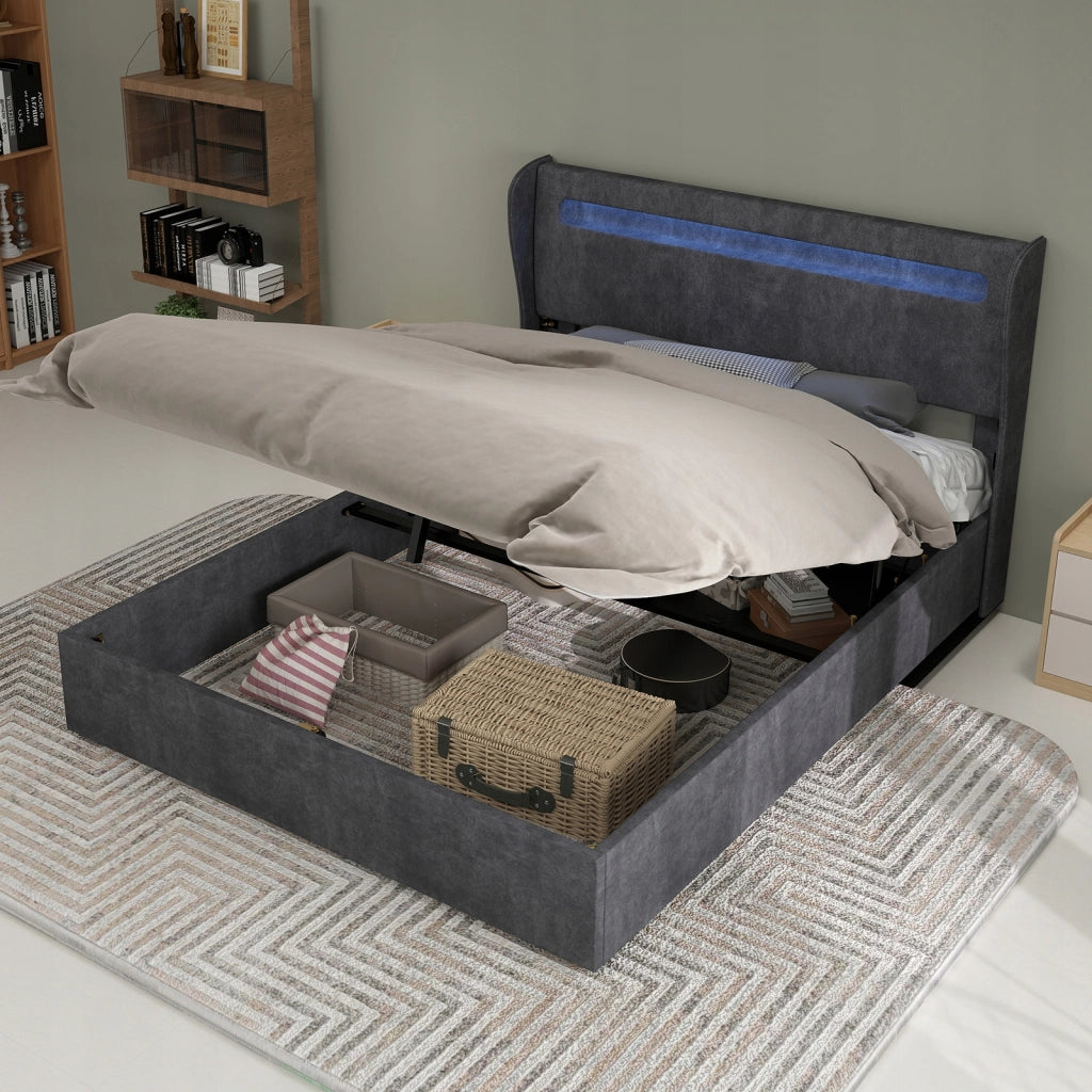 Letto imbottito 140x200 - Xylo - Grigio con LED e struttura sollevabile