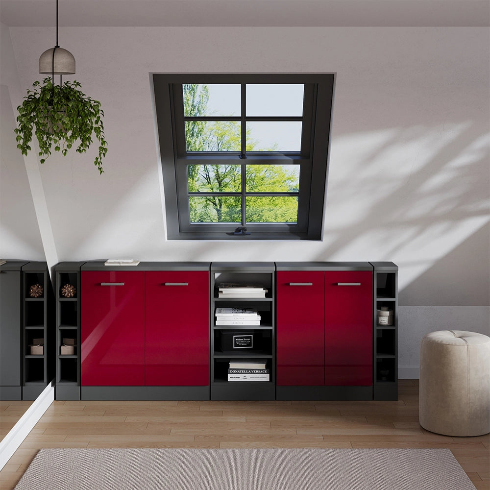 Set di mobili sottotetto Rion Rosso lucido/Antracite 210 cm Set di 5 carcasse armadio profondità 60 cm Vicco