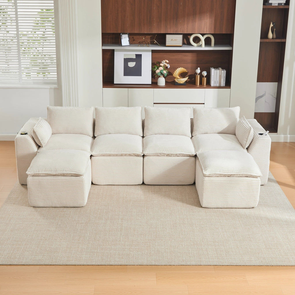 Divano modulare 4 posti - con tasche laterali e cuscini - in velluto a coste beige
