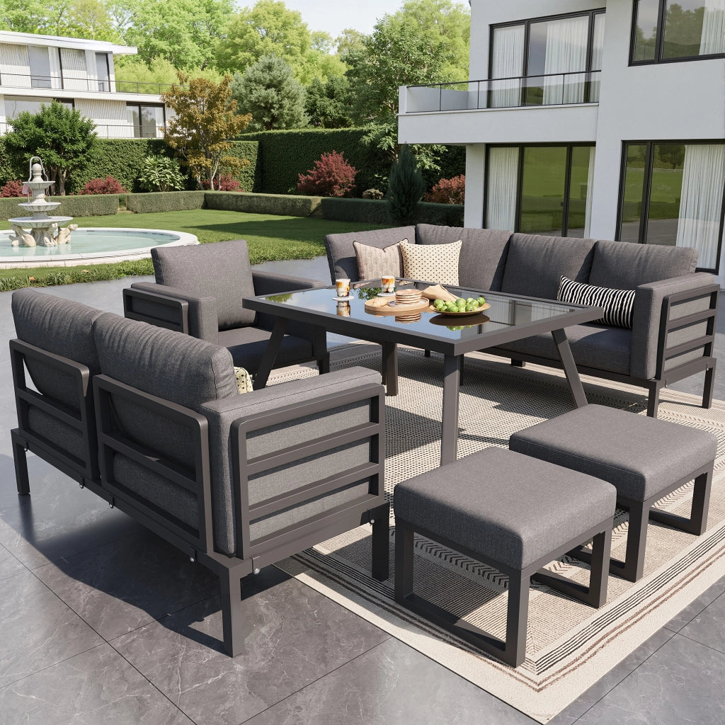 Set da giardino a mezzaluna per 8 persone - Zephmum - Struttura in ferro robusta, cuscini grigi, tavolo in vetro, 1 poltrona e 2 sgabelli