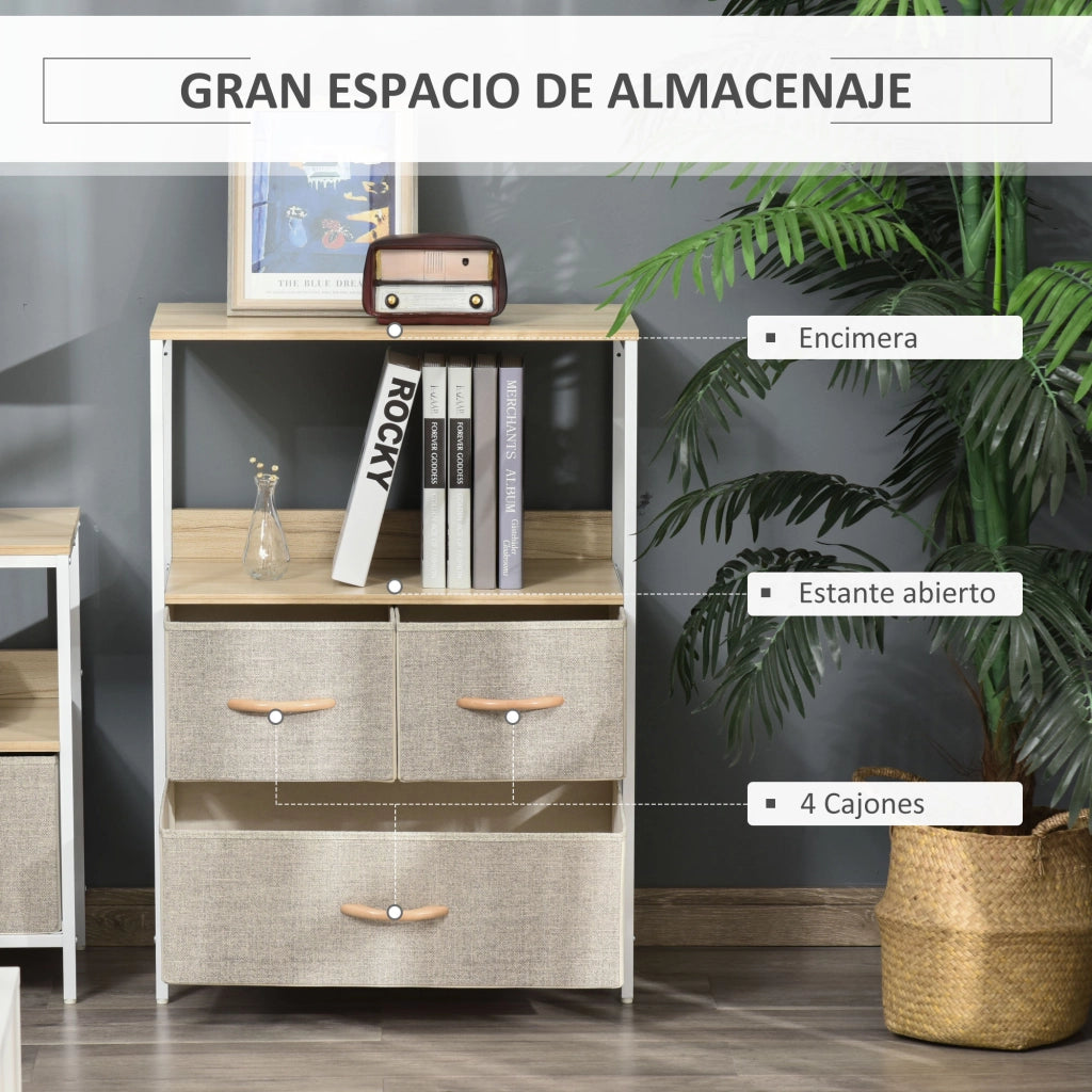Cassettiera con 4 Cassetti e Compartimento Aperto ¨C Zephmum ¨C Grigio Tessuto Struttura Metallo