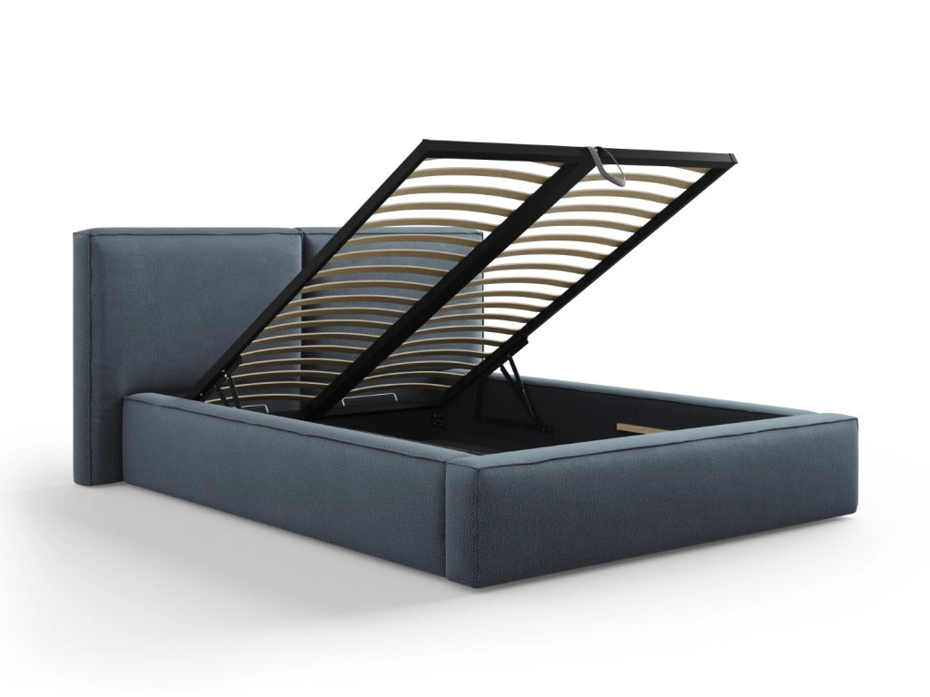 Cosmopolitan Design - Letto a cassettone con testiera doppia "Arendal" 140x200cm in tessuto strutturato blu 