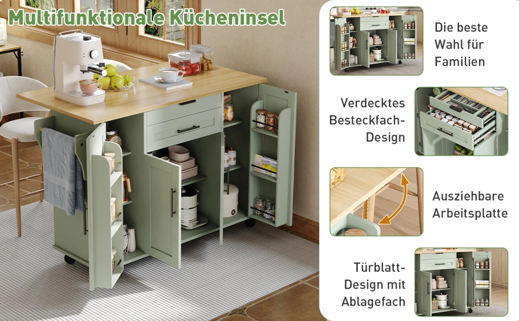 Carrello cucina mobile con piano estraibile 120x45 cm, anta doppia, cassetto nascosto e ripiani regolabili, verde anticato