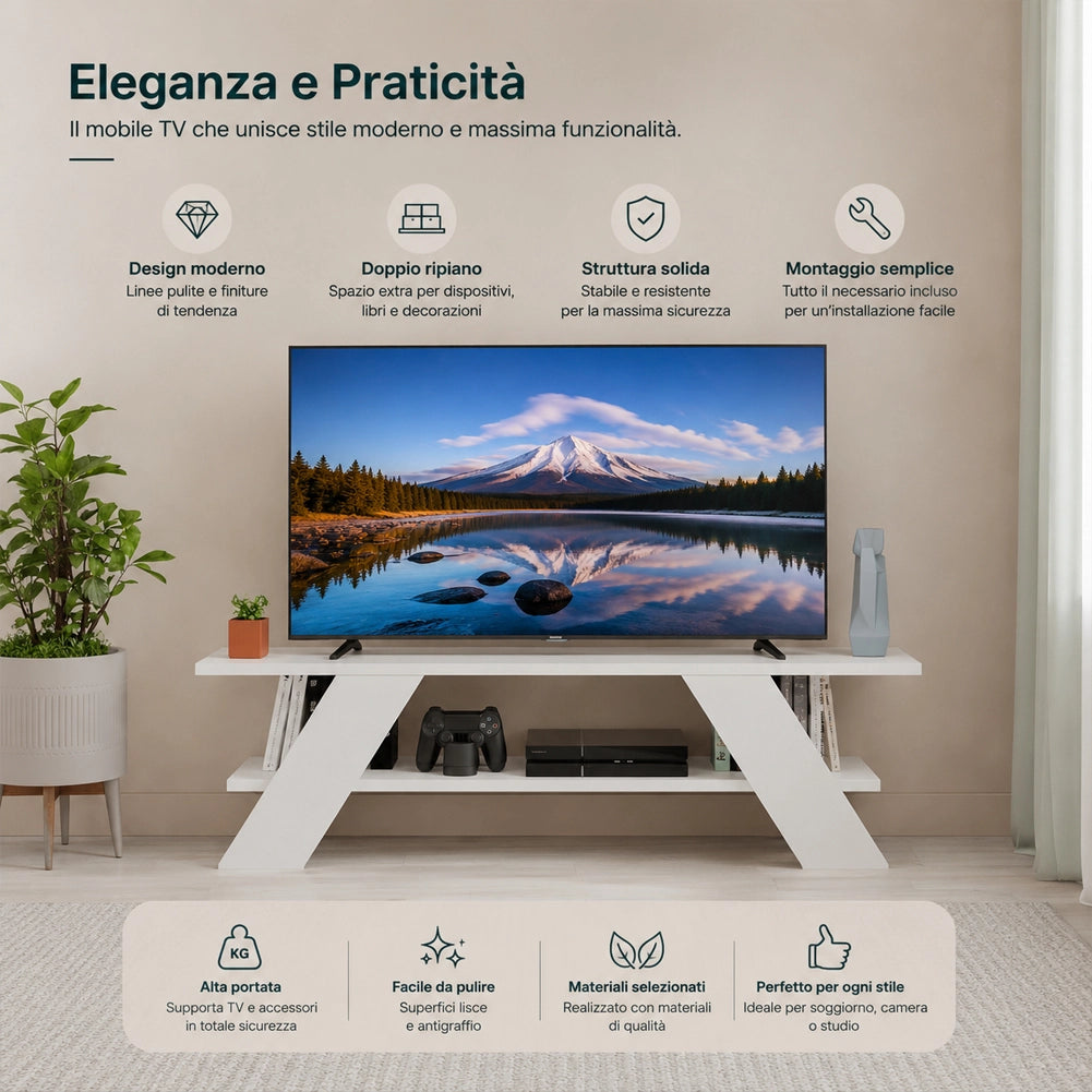 Mobile Porta Tv Moderno per Soggiorno Bianco in Legno Resistente 120x33.5x40cm