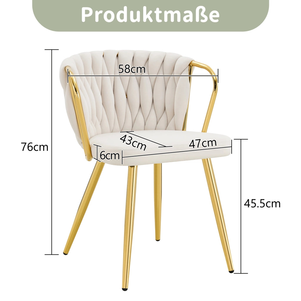 Sedia da pranzo, rivestimento in velluto, schienale intrecciato, struttura in metallo, ergonomica, color beige e dorato