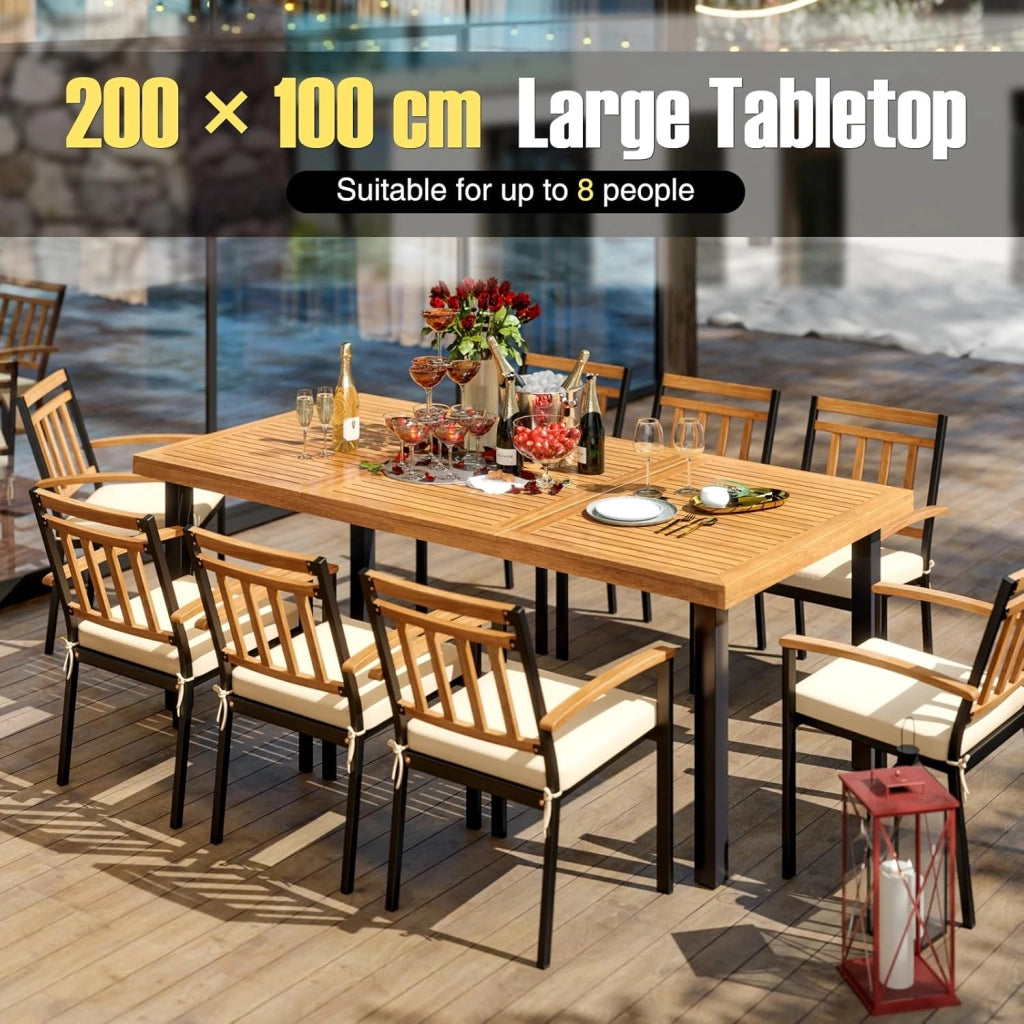 Tavolo da Giardino con Foro per Ombrellone, Tavolo da Pranzo in Legno di Acacia, Tavolo Rettangolare per 8 Persone, 200 x 100 x 75 cm, per Esterni, Balcone, Cortile, Patio (Modello C)
