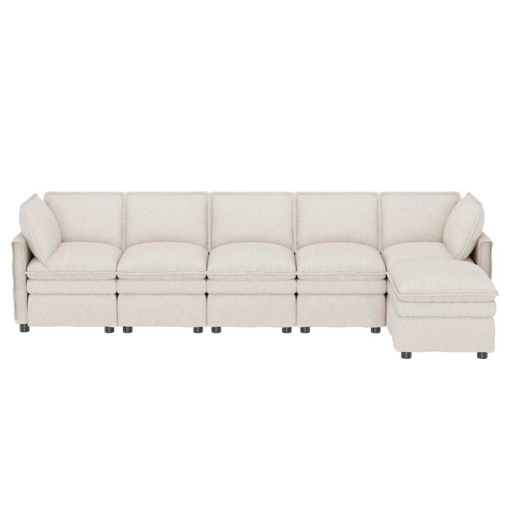 Divano modulare XXL 6 posti con funzione letto e pouf mobile in chenille beige