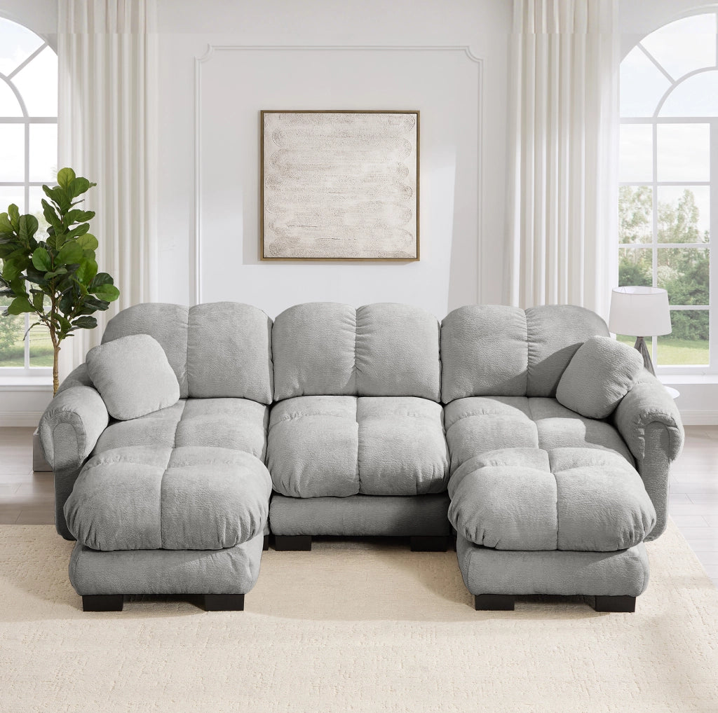 Divano modulare in ciniglia grigio chiaro 260 × 149 × 90 cm con sedute trapuntate