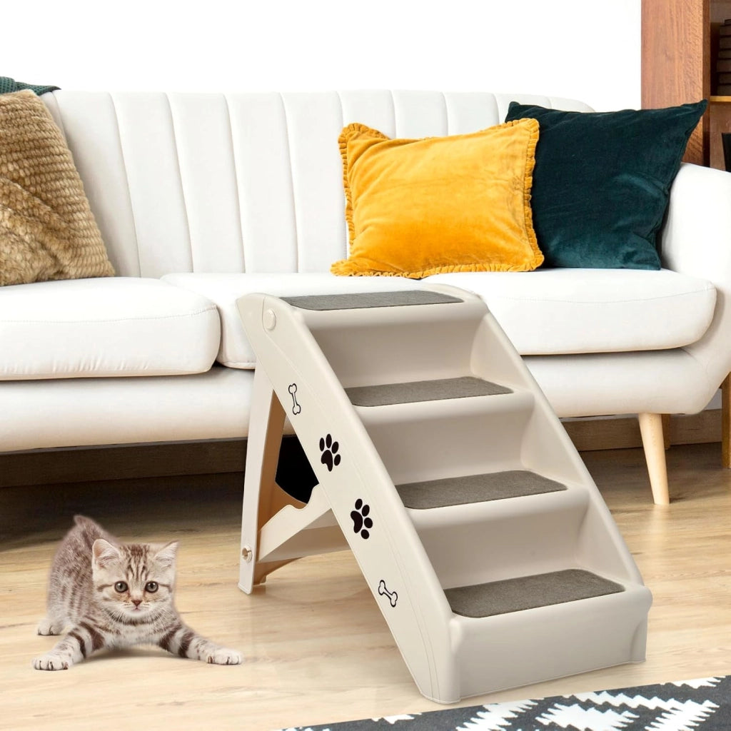 Scala per cani e gatti pieghevole, con tappetino in feltro, carico fino a 60 kg, rampa antiscivolo per cani e gatti per letto, auto, divano (beige, 65 x 55 x 50 cm, 4)