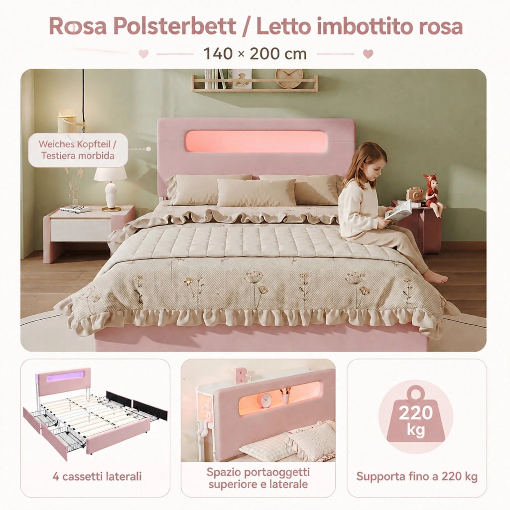 Letto imbottito rosa 140x200 cm con quattro cassetti laterali e LED; velluto