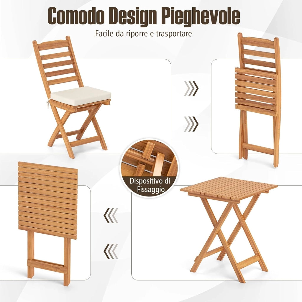 Set Bistro da Esterno in Legno di Acacia, Tavolo e 2 Sedie Pieghevoli con Cuscini, Tavolo Portata 80 kg/Sedia Portata 180 kg (Modello 1)