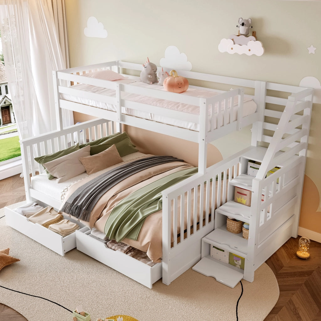OKWISH Letto a Castello 90×200 cm e 140×200 cm, Letto 3 Posti con 2 Cassetti, Spazio Contenitore e Scala, senza Materasso, Bianco