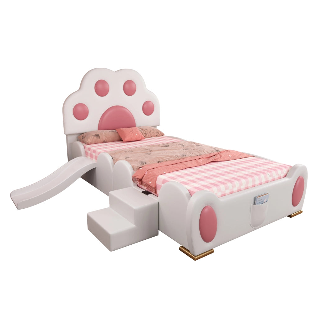 OKWISH Letto Bambini Singolo 90×200 cm con Scivolo, Scala a 2 Gradini e Tasca Portaoggetti, senza Materasso, in PU, Bianco e Rosa