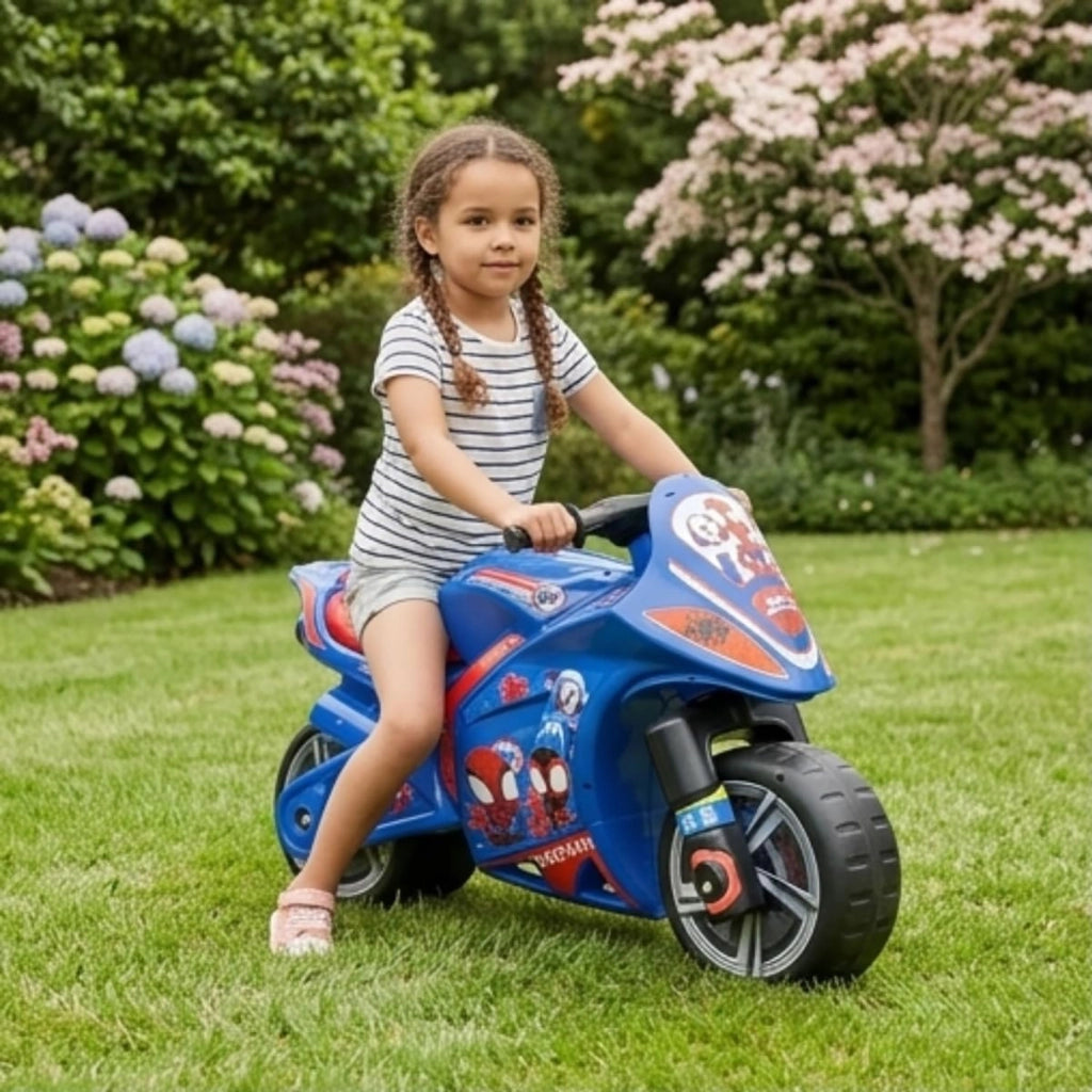 Moto Cavalcabile per Bambini 4-7 anni a Spinta Marvel Spidey 99x39x61 cm fino a 50 kg con Maniglia di Trasporto Blu