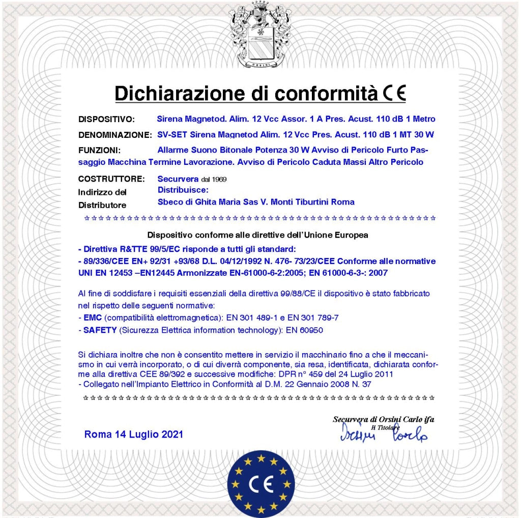 Sirena Esponenziale Magnetodinamico 3 Pezzi Acustica 110 dB Potenza 30 W Bitonale A/B 1500+/-4000 Hz Alimentazione 12 Vcc 2 Fili Polarizzati Staffa Fissaggio Assorbimento 1 A Contenitore ABS IP65
