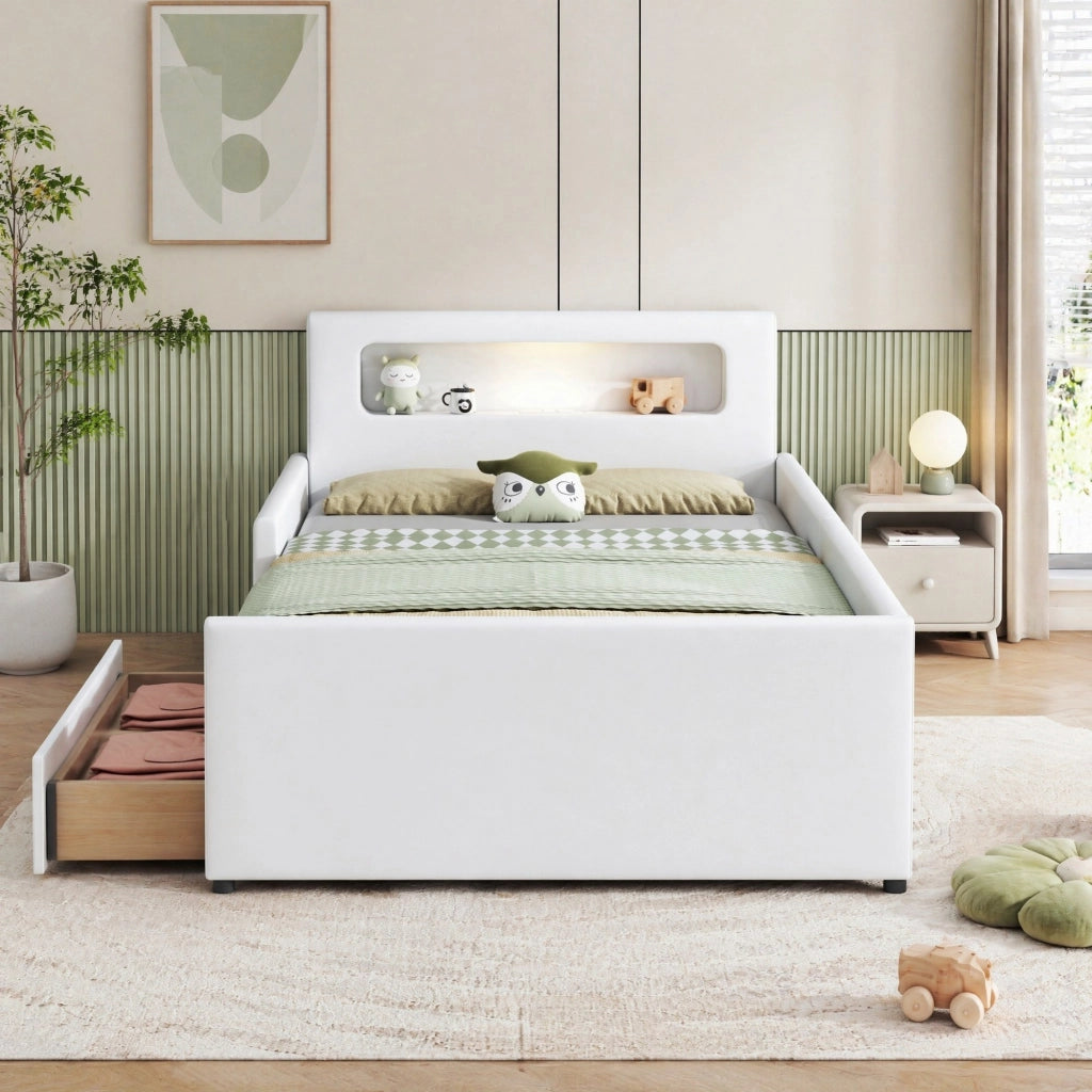Letto imbottito per bambini 90x200 cm con luce LED; porta USB e cassetti; bianco