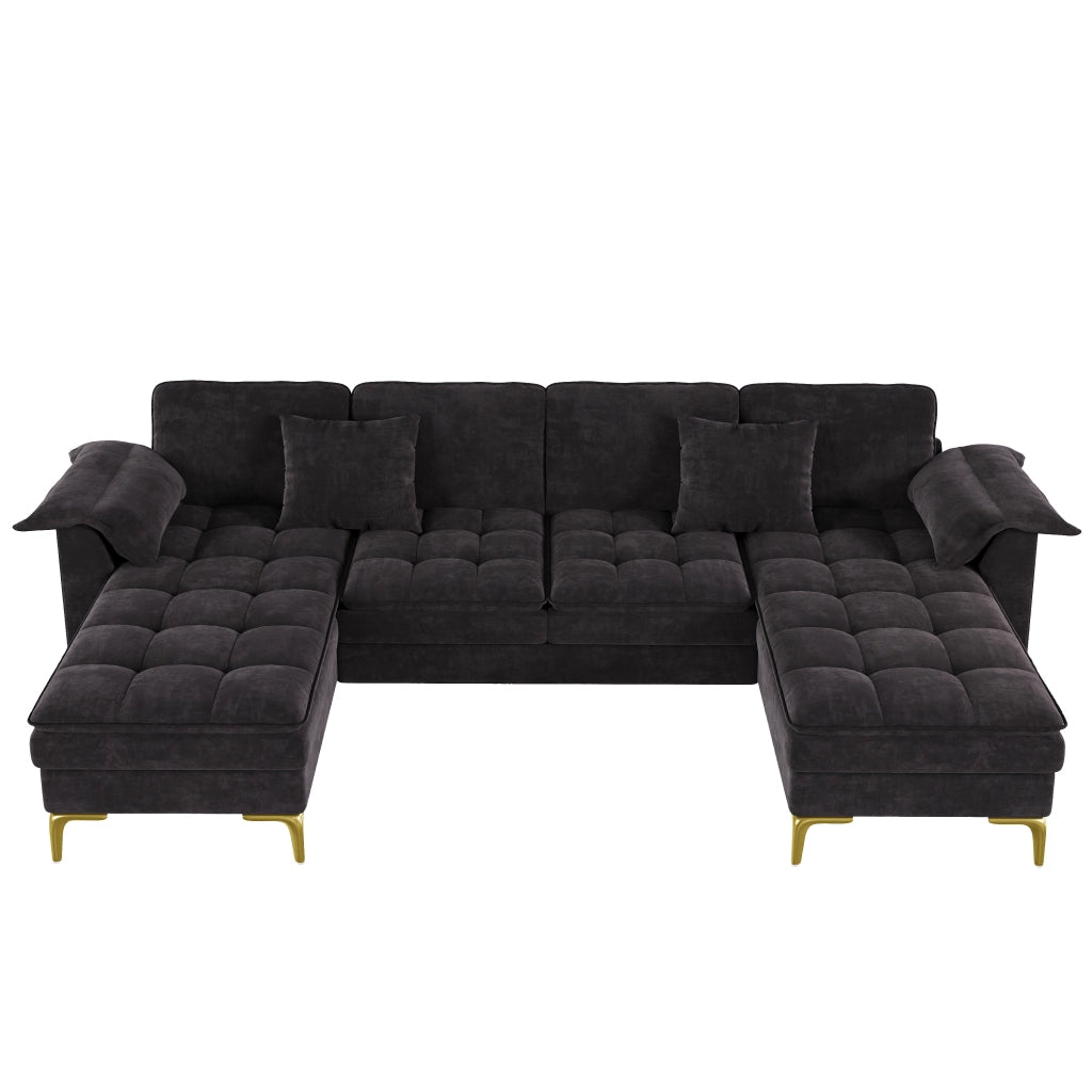 Divano angolare modulare a U 4-5 posti - con 2 chaise longue e cuscini - in chenille nero