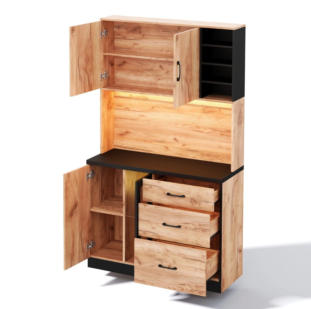Credenza cucina alta in MDF con LED; 3 cassetti; prese EU e USB; nero e effetto legno
