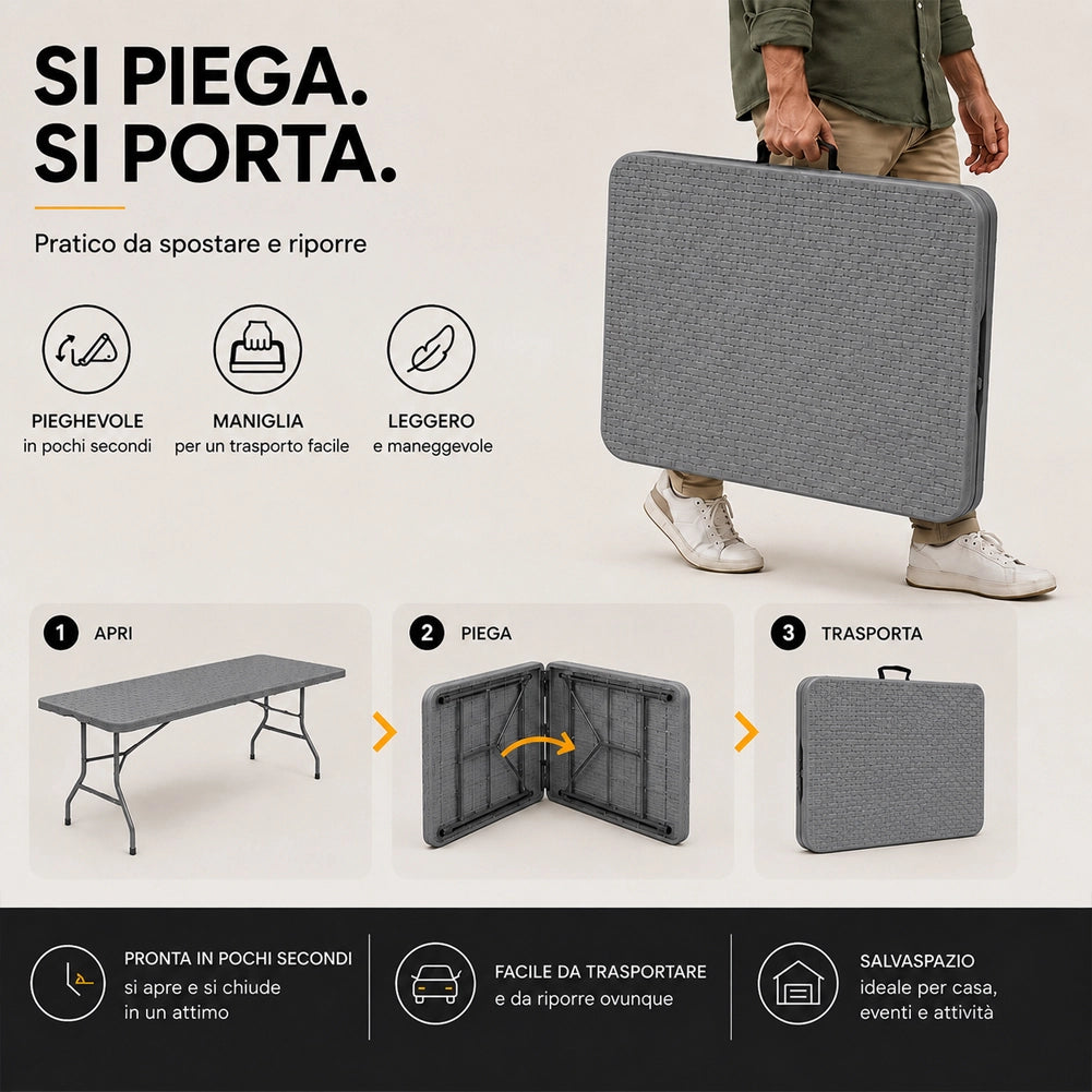 Tavolo Pieghevole Grigio Polyrattan Resistente Tavolino da Esterno 180x74x74cm