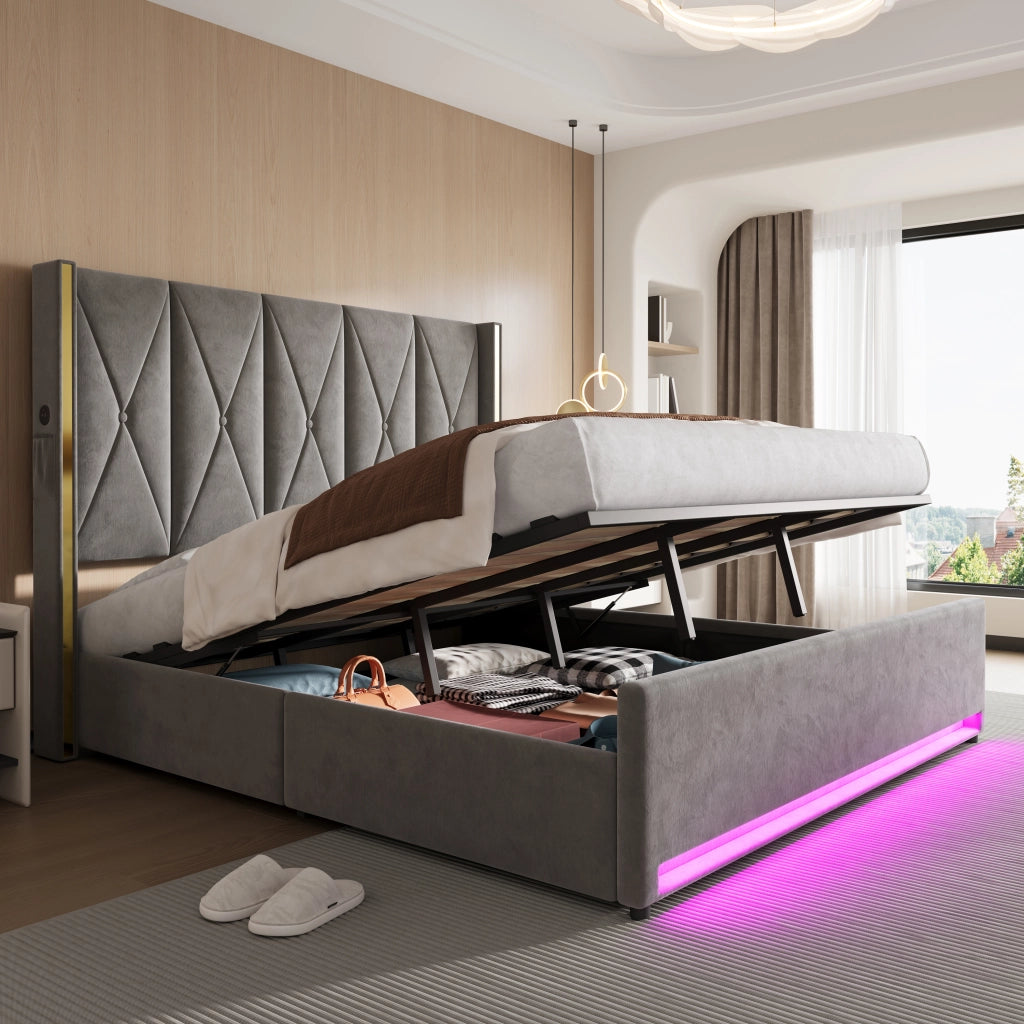 Letto contenitore 180 × 200 cm con testiera alta, USB e Type-C, LED regolabile, senza materasso, in velluto, grigio