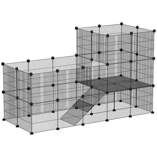 Recinto per Animali Modulabile e Multilivello 140x70x105 cm con 39 Pannelli in Acciaio e PP Nero