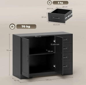 Mobile con 4 cassetti e 1 anta, stile moderno, 105x40x76 cm, colore nero
