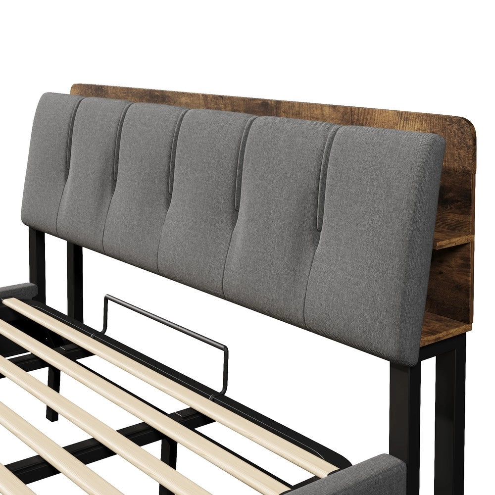 Letto Imbottito Contenitore 180x200 con LED ¨C MINIMAL ¨C Grigio, Tessuto Lino, Idraulico