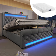 Letto imbottito 140x200 cm con materasso, contenitore idraulico, LED e velluto grigio