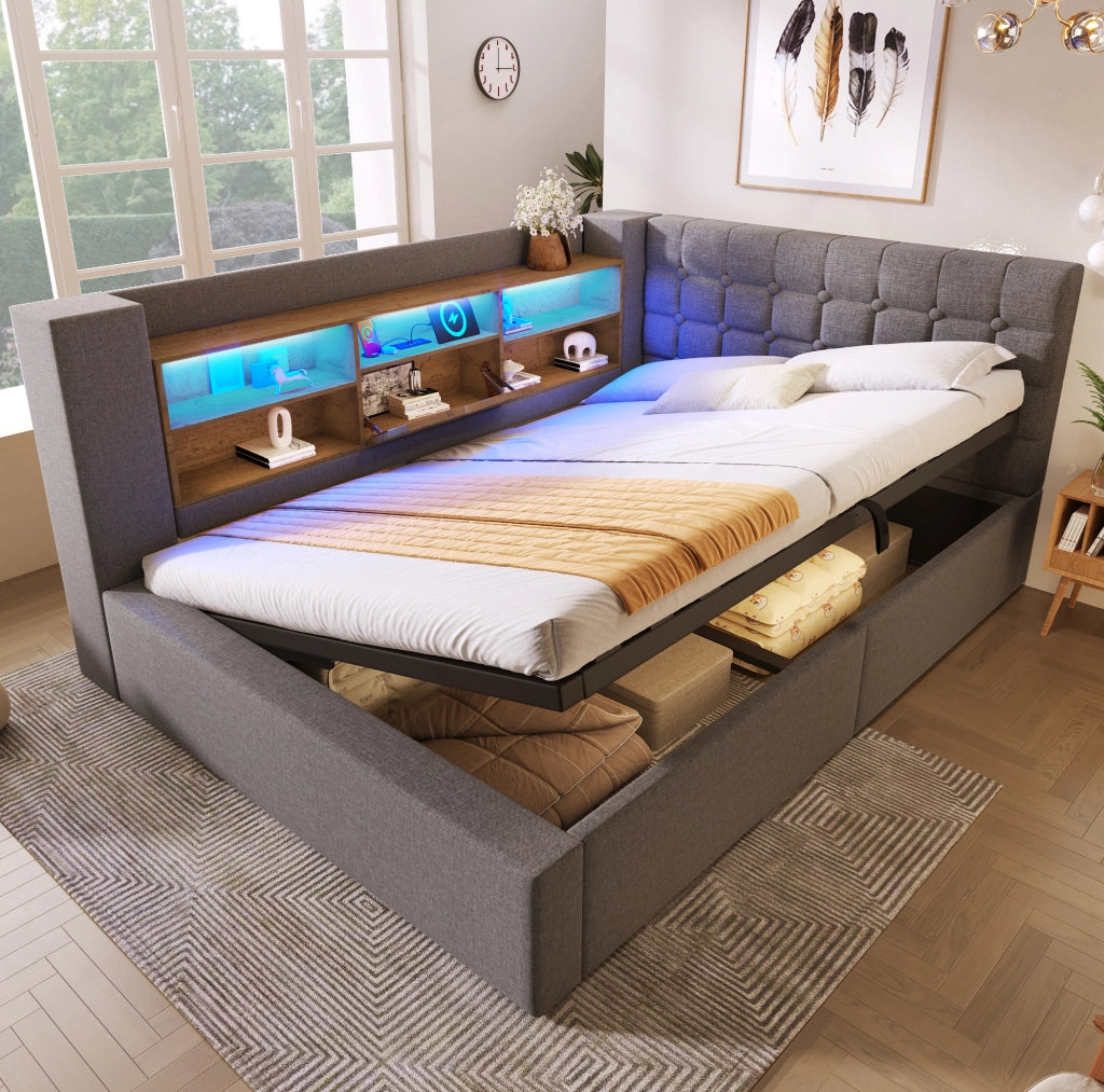 Letto matrimoniale 140x200 cm con contenitore; LED e prese di ricarica; in lino grigio; con materasso