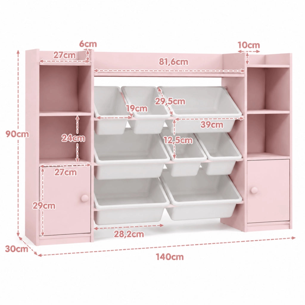 Libreria contenitore per bambini con box estraibili, rosa, 140x30x90 cm