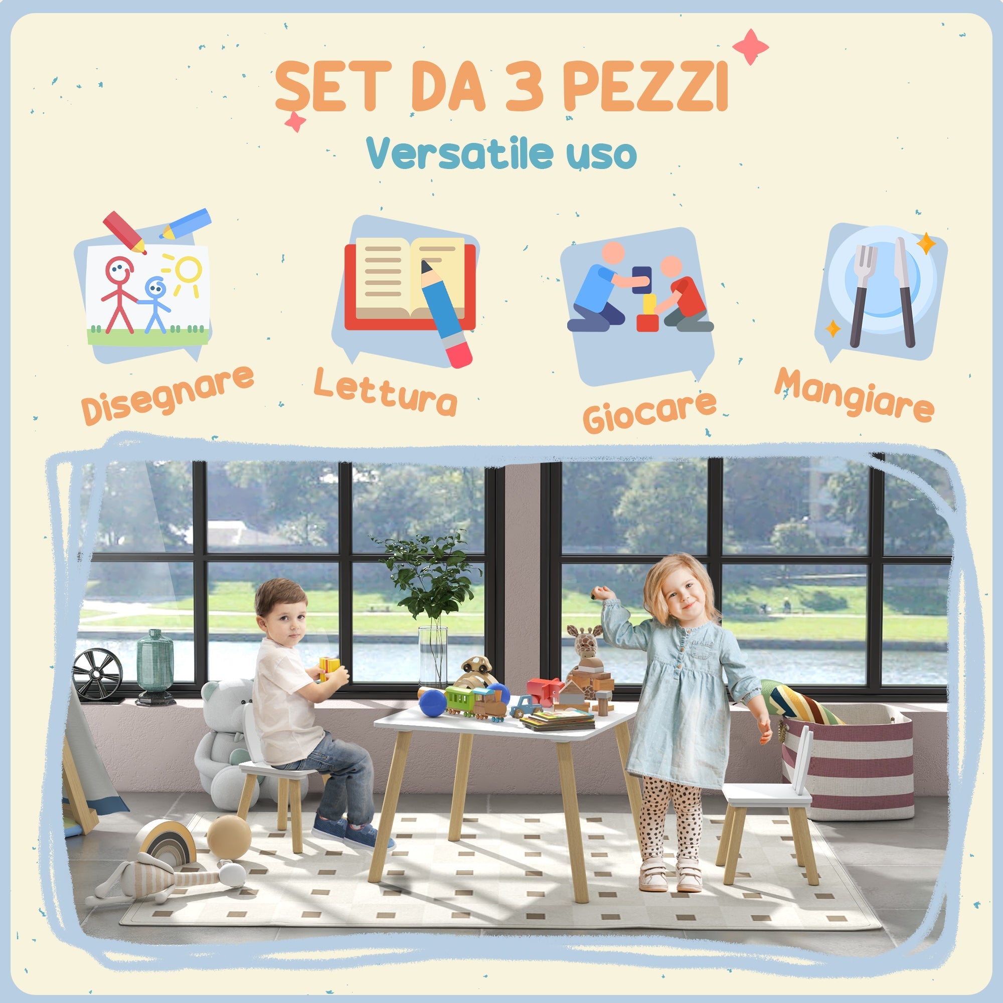 Set Tavolo con 2 Sedie per Bambini Orecchie di Coniglio Bianco