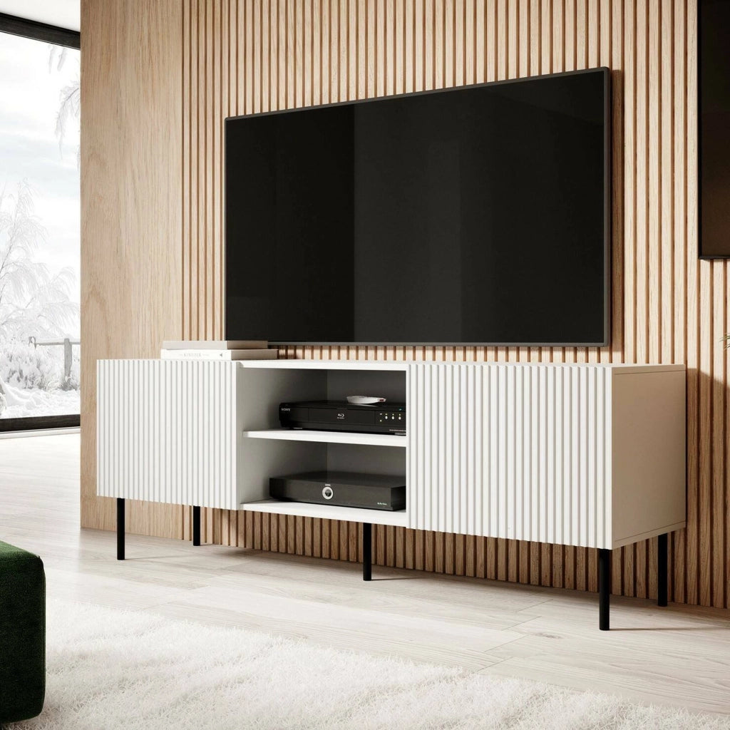 Mobile porta TV Molini, Madia da salotto con quattro ante battenti, Rialzato da terra, 150x42 h52 cm, Bianco