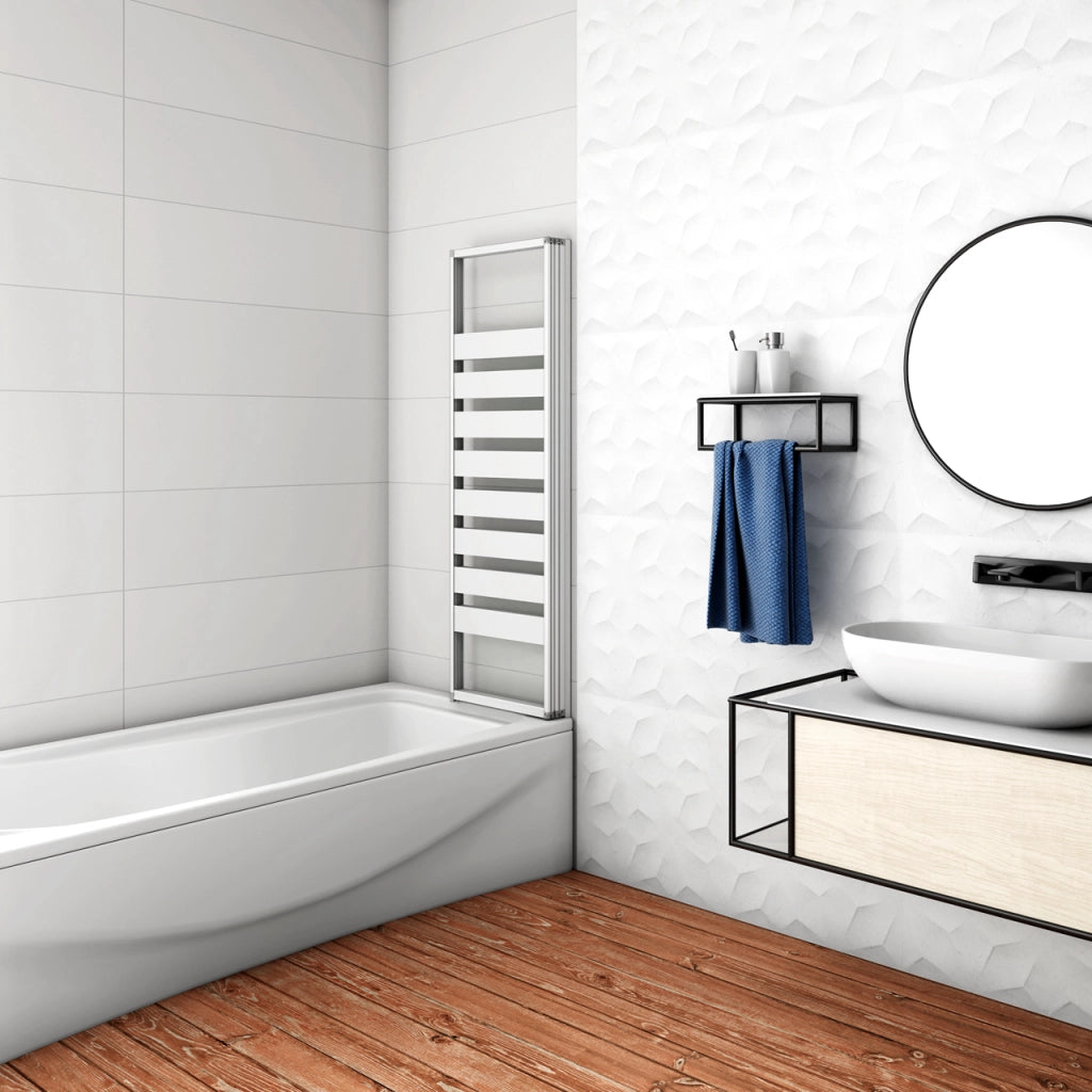 100x140 cm Parete Vasca da Bagno Doccia 3 Ante Pieghevoli a Libro Montaggio Verso Destro Vetro 4 mm Temperato Fasce Bianche Opache Telaio Argento Opaco