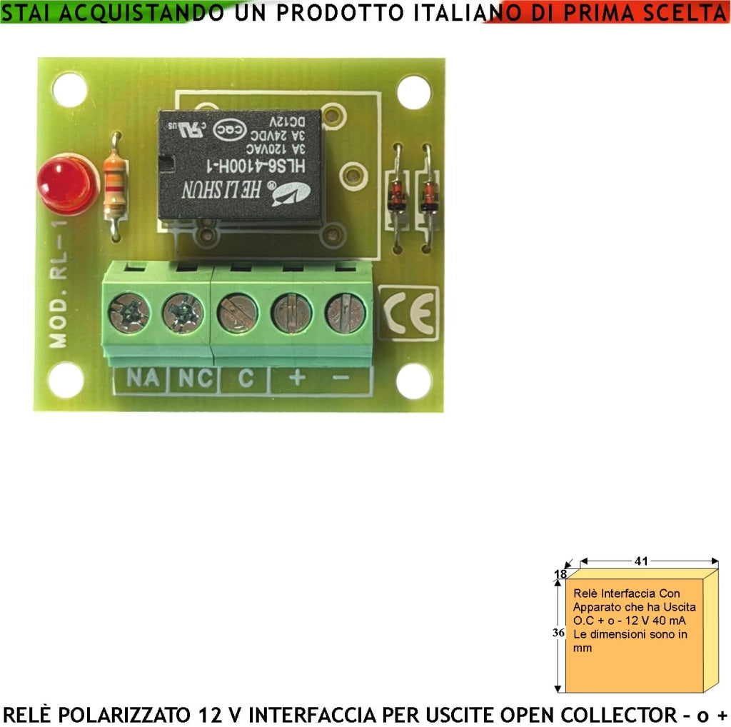Relè Interfaccia Per Circuiti Con Uscita Open Collector +O- 12 Vdc 40 mA Led Avviso Scambio 2 A a 24 V Carico Resistivo Utile Disaccoppatore Per Evitare Effetto Ratio e Avere un Uscita Contatto Libero
