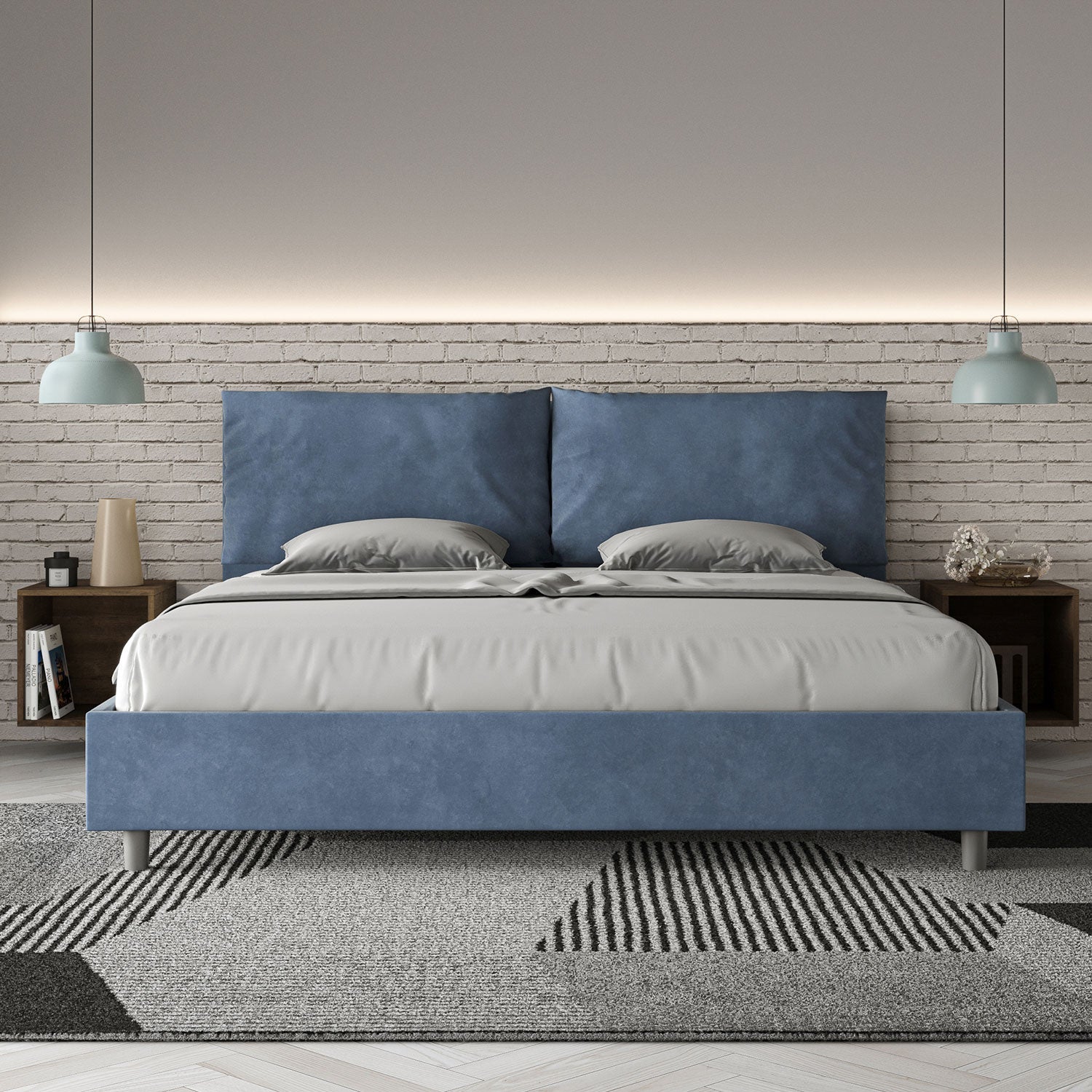 Letto Matrimoniale King Size 200x200 cm Senza Rete Imbottito in Microfibra Antea Large Blu