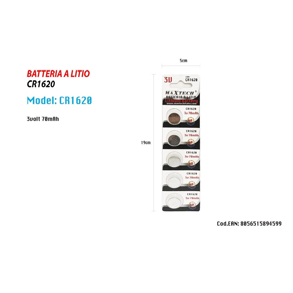 Trade Shop - 5 Batterie Pile A Bottone Cr1620 3v Per Orologi Telecomandi Apparecchi Maxtech -