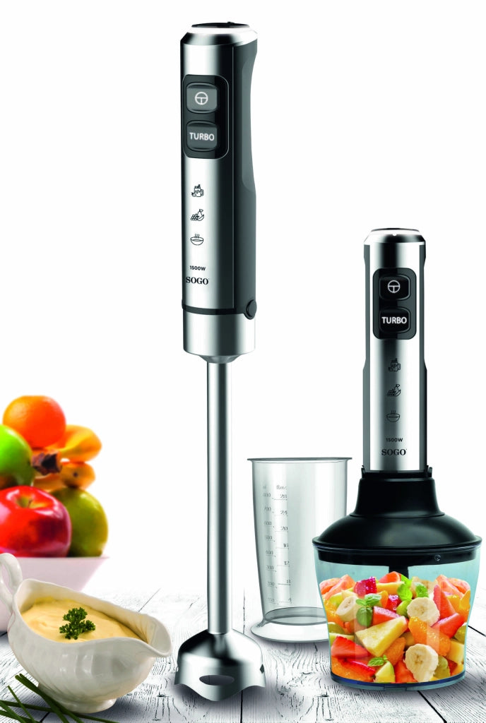 Frullatore a immersione 1500W con tritatutto 650ml, 23 velocità e lame titanio con accessori completi - Sogo