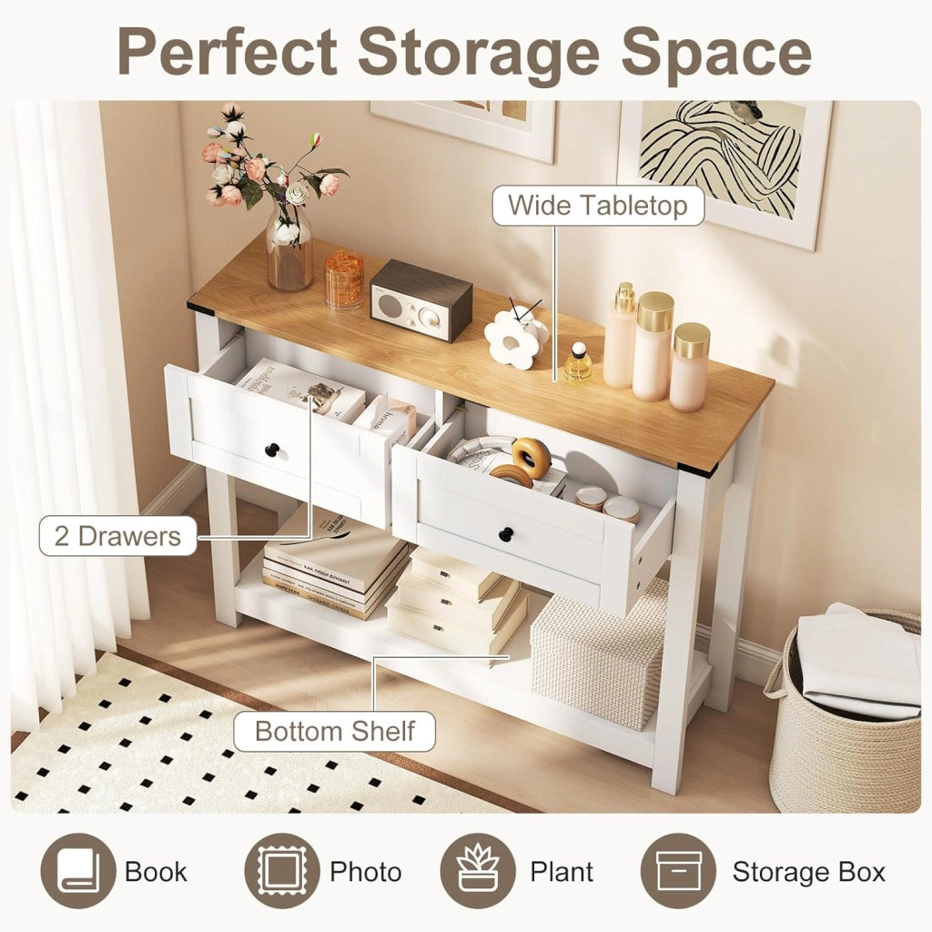 Tavolo Consolle Bianco 106 x 30 x 81,5 cm, Consolle Ingresso con 2 Cassetti e Ripiano Aperto, Tavolino Slim Salvaspazio Moderno per Soggiorno, Corridoio e Camera da Letto