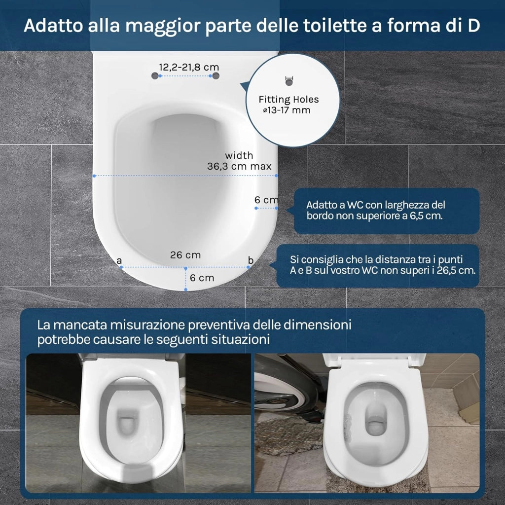 Copriwater Sedile WC Coperchio con Chiusura Ammortizzata Soft Close Toilet Seat Bagno in Plastica Bianco Forma di D