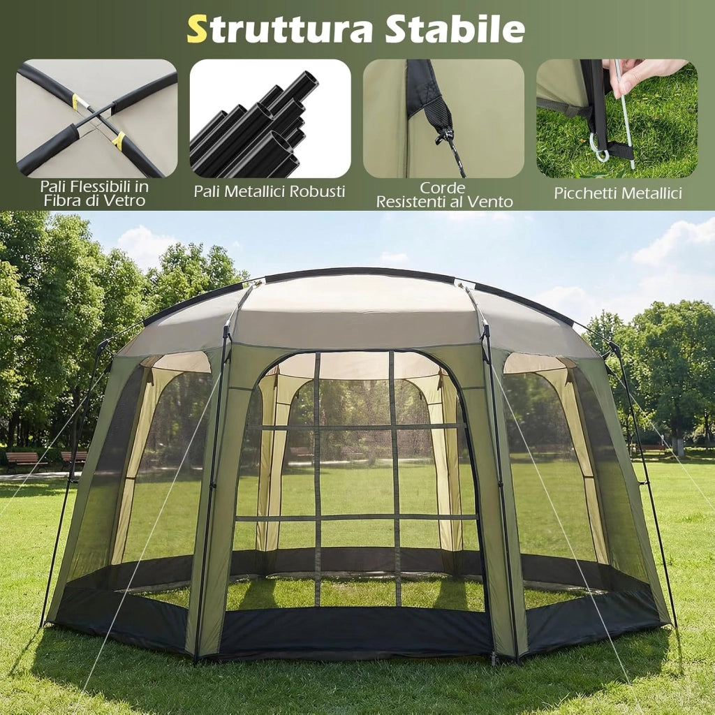Tenda da Campeggio Pieghevole, Tenda da Esterno per 6-8 Persone con Zanzariera, 8 Corde Antivento, 16 Picchetti, Borsa per il Trasporto per Giardino e Cortile, 380 x 355 x 255 cm