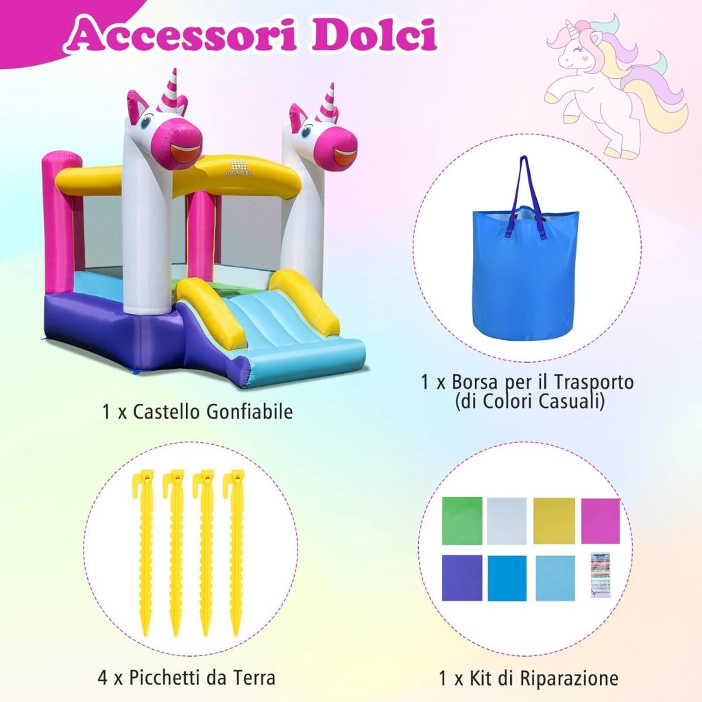 Castello Gonfiabile per Bambini, Casa Gonfiabile Unicorno per bambini con Scivolo e Area Salto, Parco Giochi Gonfiabile da 3-12 Anni, Adatto per Giardino, Esterno e Interno