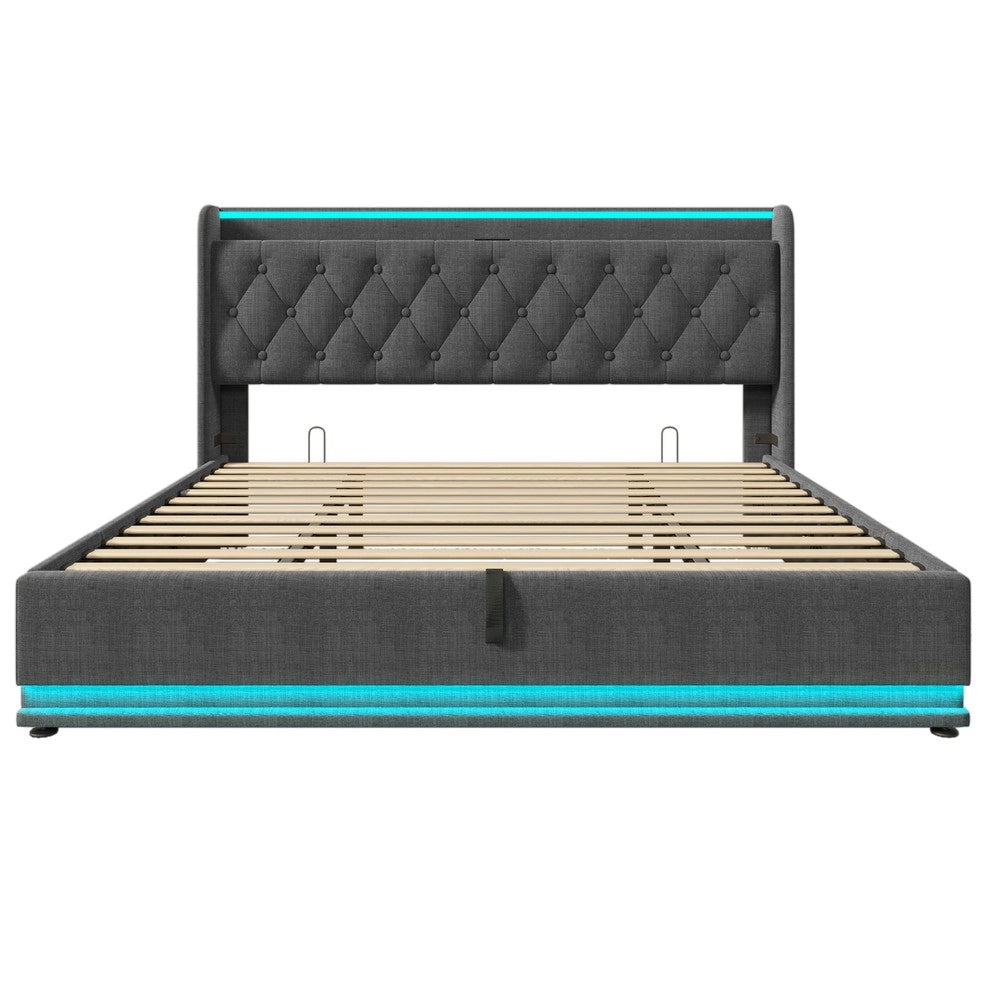 Letto Imbottito Contenitore 180x200 con LED ¨C Xylo ¨C Grigio, Testiera, Idraulico